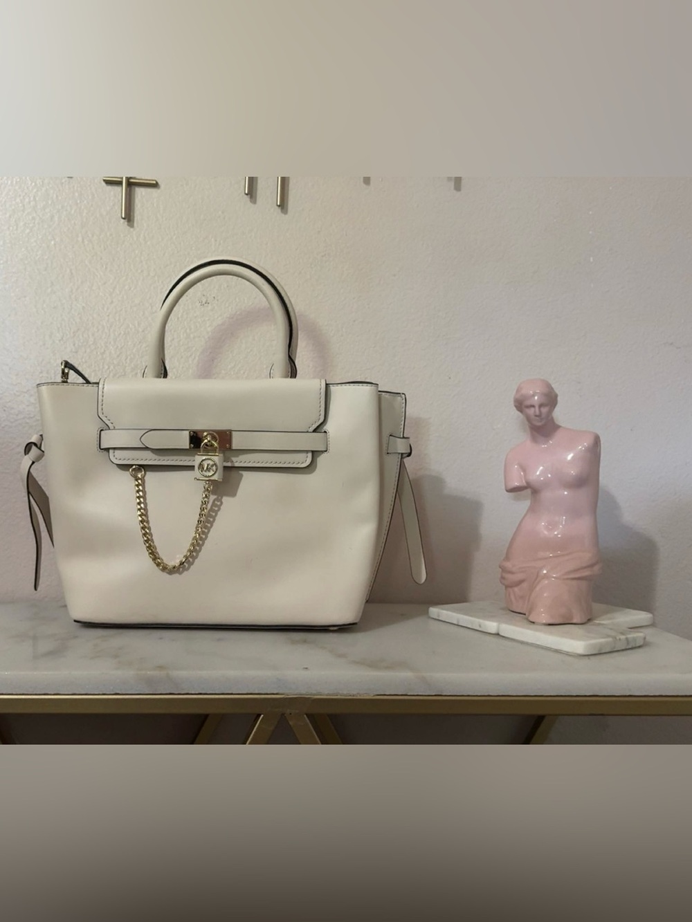 Michael Kors White Leather Satchel with Gold Chain Lock - Picture 2 of 7